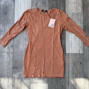 Missguided Petite Exposed Seam Long Sleeve Mini Dress Camel Size 8 NWT